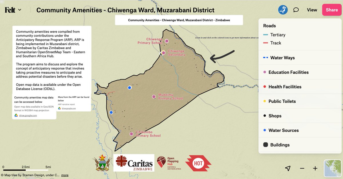 hotosm's tweet photo. 📢 We're thrilled to present the last installment of our interactive map series, brought to you by @openmapping_esa in collaboration with @iamCARITAS! Discover the community amenities in Chiwenga Ward, Muzarabani District 🗺️!

Check out the map here 🔗: https://t.co/VxatnJaMc7 https://t.co/BmM2qAqpjw