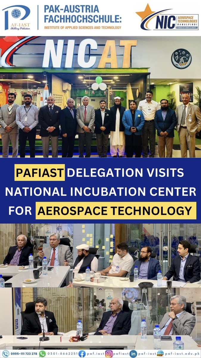 PAFIAST's tweet photo. @PAFIAST delegation visits @NICATPakistan, Pakistan's premier #aerospace and #deeptech incubation center.

Through meaningful #academia-#industry collaboration, #aerospace and #hightech #manufacturing have the potential to become the largest #export sectors of #Pakistan 🇵🇰 https://t.co/v6nI1xOYAC