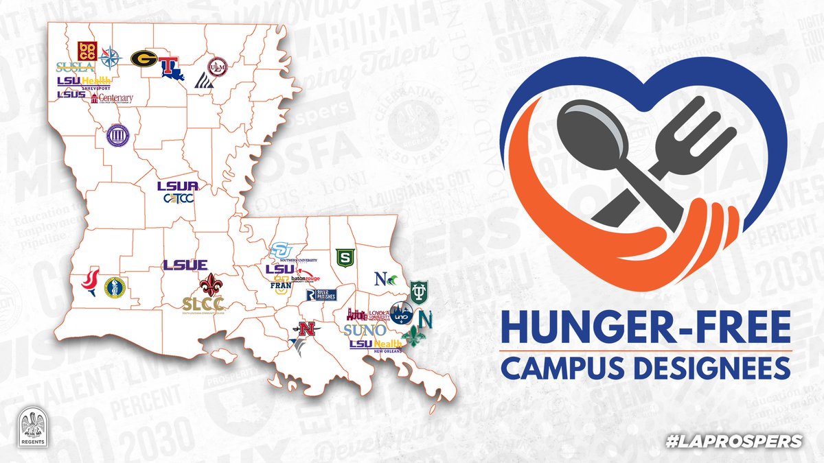 LA_Regents's tweet photo. 35 campuses across Louisiana – representing all four public systems and four private institutions – have been identified as Hunger-Free Campus designees for 2022-2024.

#LaProspers https://t.co/N07HT54sL6
