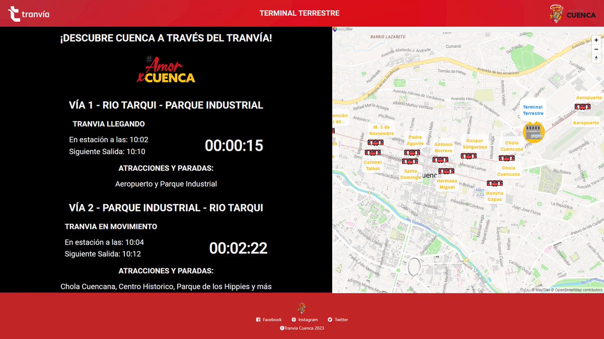 Tranvia_Cuenca's tweet photo. #Innovamos 

¡A nuestros usuarios! en las pantallas de información  del Terminal Terrestre, implementamos el sistema de ruta y frecuencias del servicio del #TranvíaCuenca 

De esta manera podrán revisar los horarios, paradas y destinos que se encuentran en la ruta. 🚊 https://t.co/e9v7BpqUOy