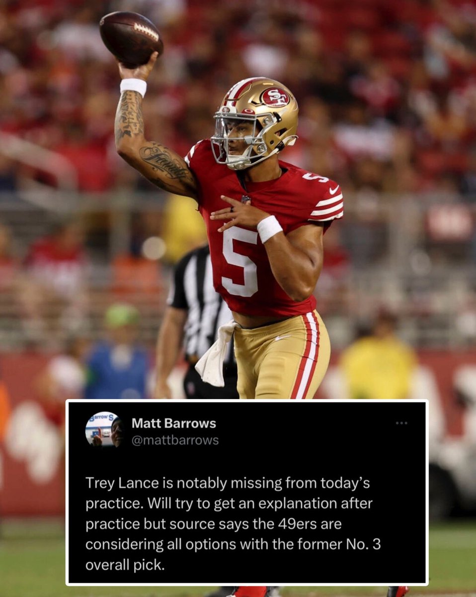 #49ers QB Trey Lance is officially not on the field for the team’s final practice before their preseason game against The Chargers 👀 H/T @mattbarrows