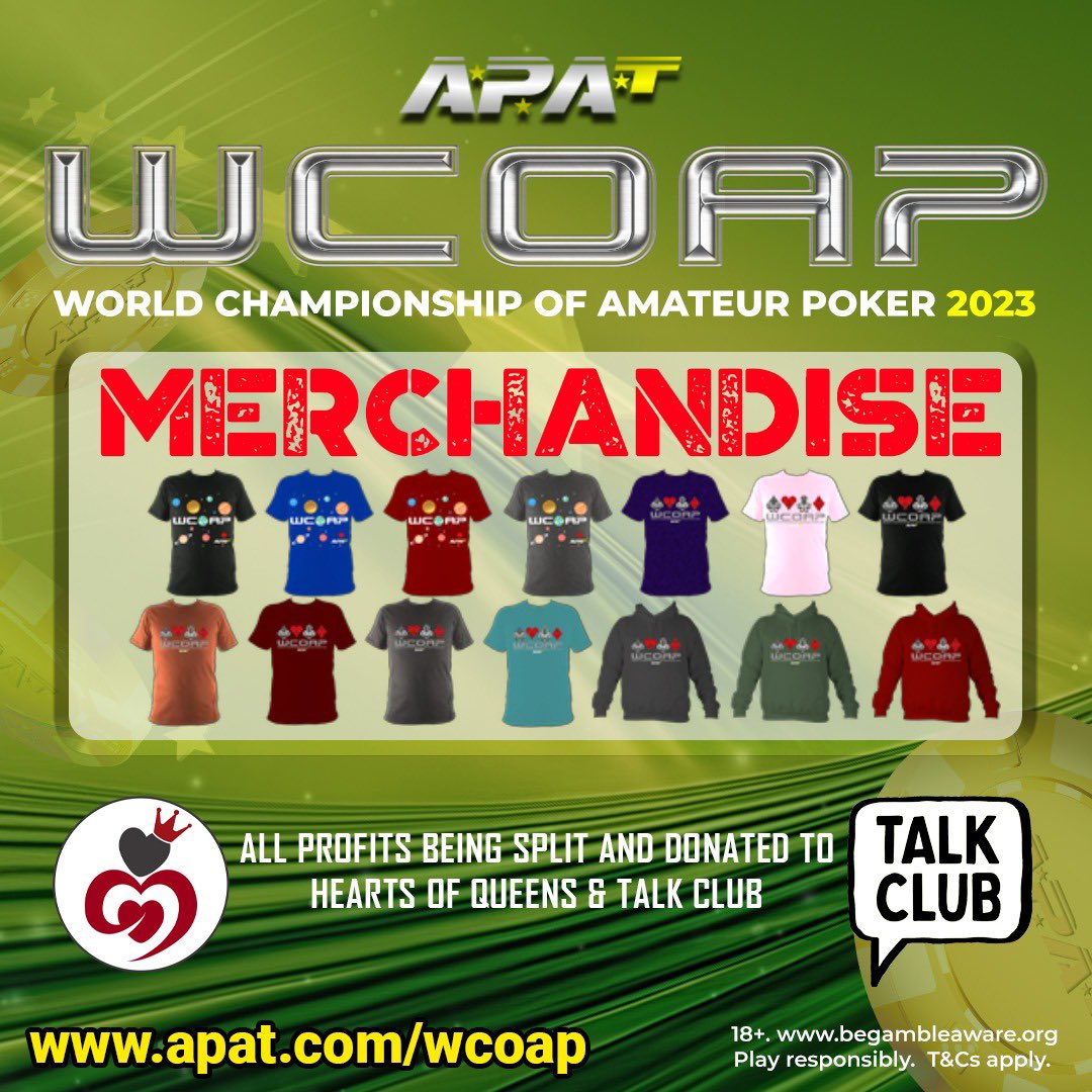 HeartsofQueens1's tweet photo. This week our friends at @apatpoker hold their flagship festival, the WCOAP, at @DTD_Club.

The team have a merchandise stall, and in an incredible gesture of support they’re splitting all profits 50:50 between #HOQ and @talkclubcharity 

If you’re there, check it out ❤️‍🩹

#wcoap https://t.co/fvLjuYwa5j