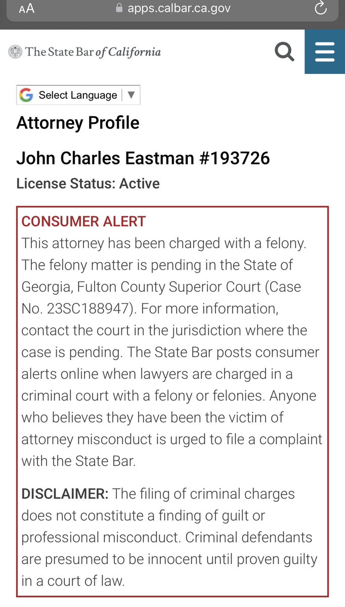 NEW: John Eastman’s State Bar of California profile has been UPDATED with a consumer warning: ⚠️ THIS ATTORNEY HAS BEEN CHARGED WITH A FELONY ⚠️ apps.calbar.ca.gov/attorney/Licen…