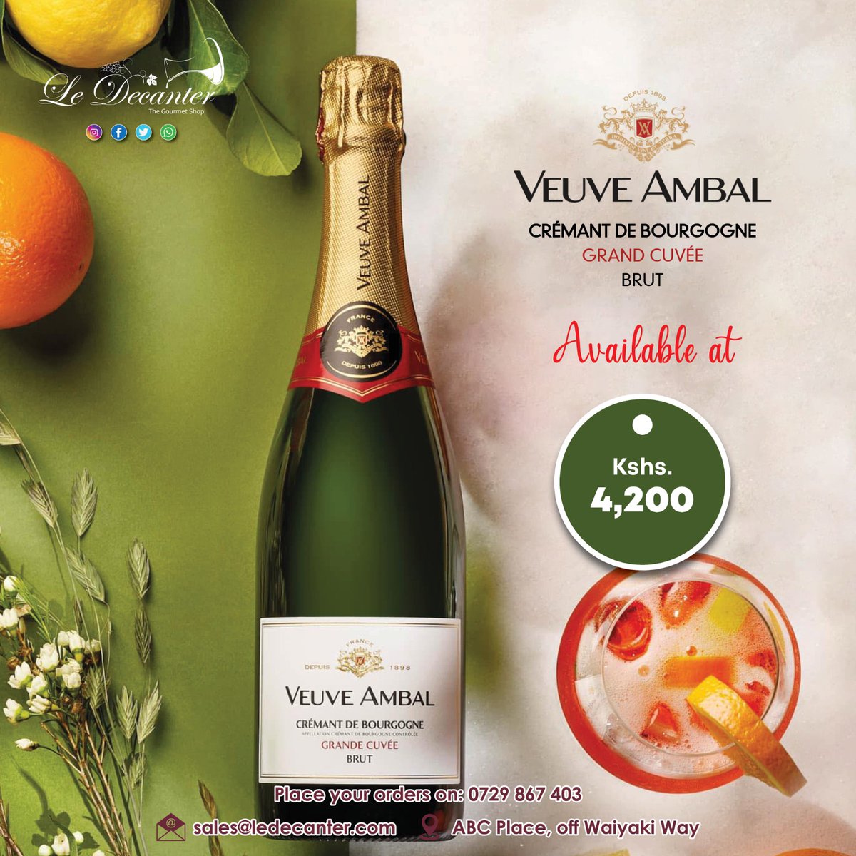Veuve Ambal Cremant is predominantly made from Pinot Noir and Chardonnay Grapes but is also complemented by Aligote and Gamay grapes. This Sparkling wine is just excellent. Available at our shop for 4,200/= Email us on sales@ledecanter.com #ledecanter #ledecanterwines