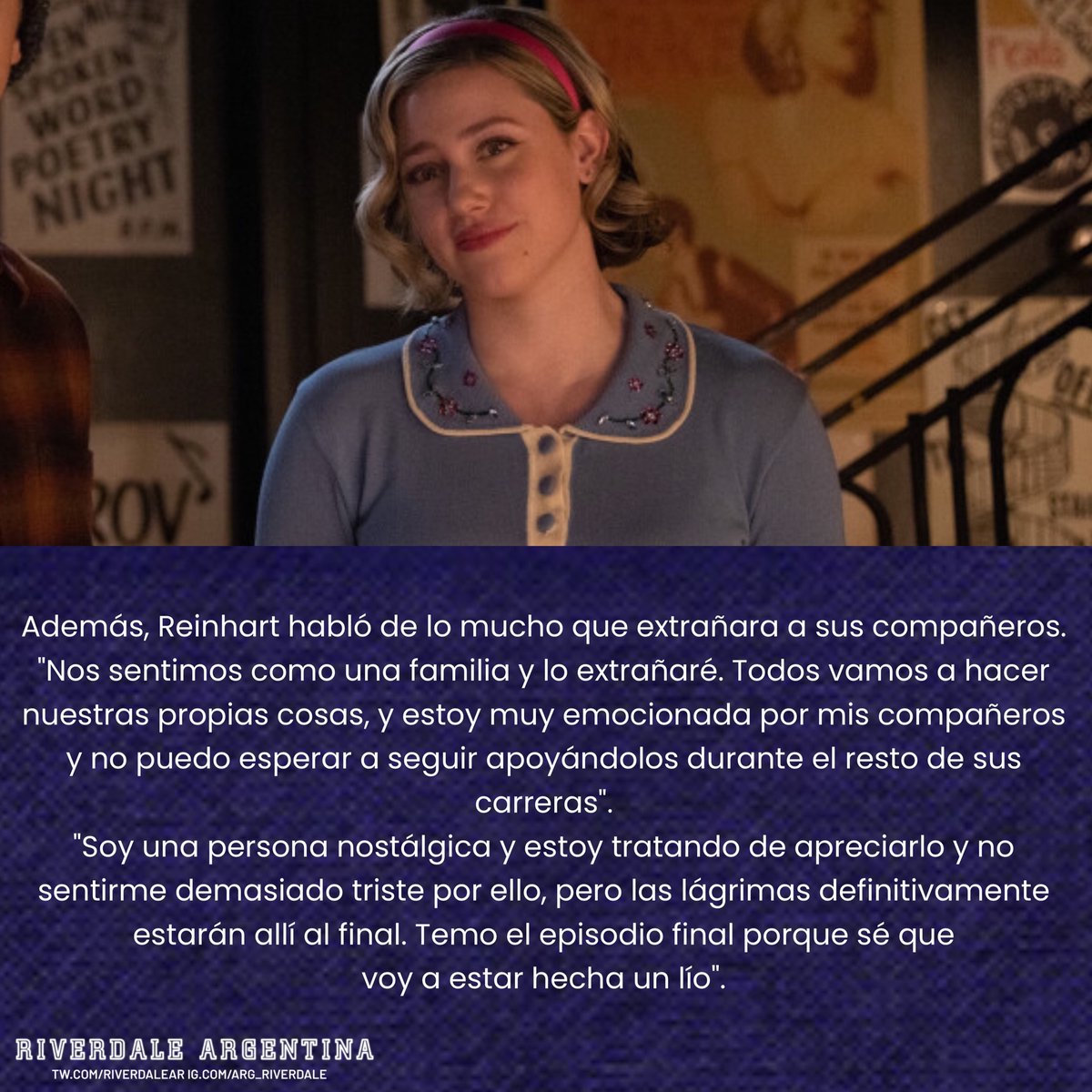 Lili Reinhart habló sobre el final de #Riverdale en una entrevista con EW: 

"Todos los programas que llevan mucho tiempo en aire tienen que enfrentarse a esto [el final]", continuó. "Va a ser increíblemente triste. Sé que nunca volveré a estar en una serie de siete temporadas".