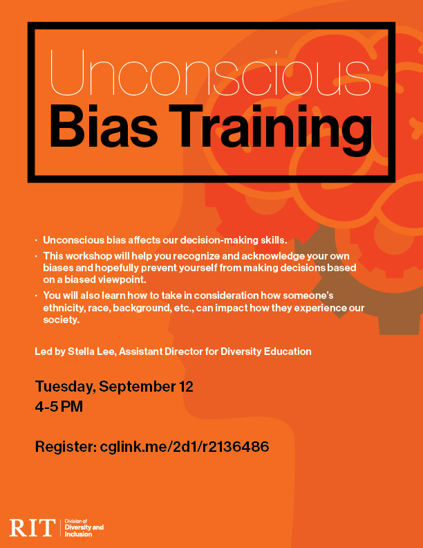 RITDiversity's tweet photo. As we start this semester, we have a number of Diversity Education offerings for our students! Head over to Campus Groups to find out more about the Unconscious Bias Trainings and Let Me Be Me sessions. Multiple dates available for both! #RITDiversity https://t.co/F915N1pr1J