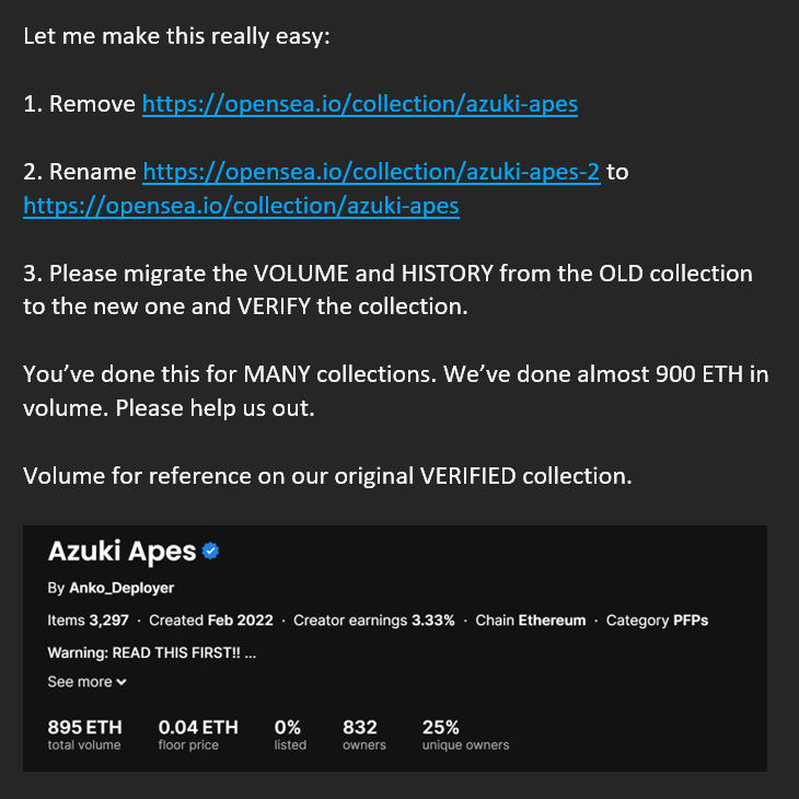 Dear <a href="/opensea/">OpenSea</a> 
You have escalated this request more than a dozen times. Ticket #9836. We'd really appreciate your assistance here.  We have almost 900 ETH in volume and launched February 2022.