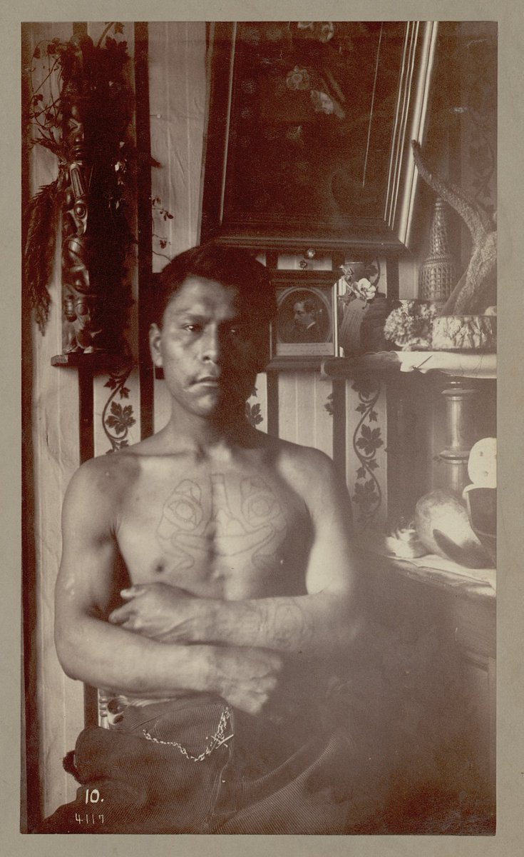 1885, Johnny Kit Elswa, a Haida man from Tanu, British Columbia, Canada. Among likely many other occupations, he was an artist and translator. Note the tattoos on his chest and arm. Via National Anthropological Archives, Smithsonian Institution. #bchist #haida