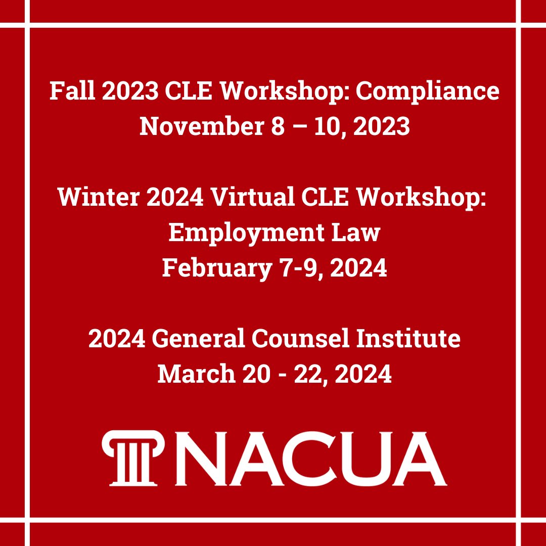 NACUAtweets's tweet photo. Mark your calendars! NACUA's programs and events provide up-to-date legal information and give #higheredlaw attorneys opportunities to interact with colleagues who share their challenges and concerns.

Check in at https://t.co/jqw3ic4pzz for the latest updates through the year. https://t.co/4oRXflHI4a