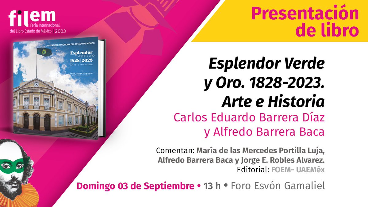 Editor_UAEMex's tweet photo. Te invitamos a la presentación del libro “Esplendor verde y oro: 1828-2023. Arte e historia” en la @Filem_Mx
📆 Domingo 03 de septiembre
⏰ 13:00 h
📍Foro: Esvón Gamaliel
#SomosUAEMéx #LetrasEnRed #ConectaFilem
@SDC_UAEMex @UAEM_MX https://t.co/YhEjPX1J2Y