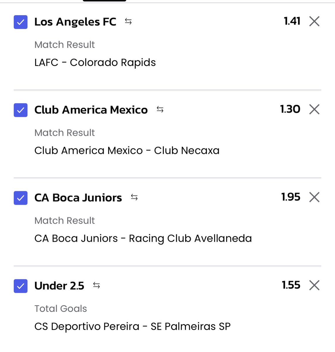 ParlaysHub's tweet photo. Tonight’s slate: x5.5 parlay! 💰

🇲🇽 Club America ML - 1.30
🇺🇸 LAFC ML - 1.41
🇦🇷 Boca Juniors ML - 1.95
🇨🇴 Pereira - Palmeiras U2.5 - 1.55

#BocaJuniors #LAFC #Palmeiras #CopaLibertadores #MLS #coloradorapids #soccerparlay #parlay #betting #betmgm #soccerbet #parlaytrain https://t.co/CXBpLKCQcL