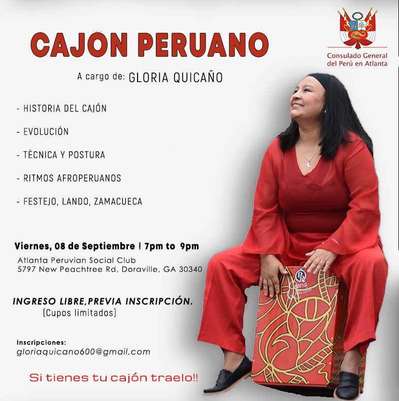 ClasesdCajon's tweet photo. Agradecimiento al Consulado General del Perú en Atlanta por permitirnos seguir difundiendo nuestra cultura peruana. 

✅ Capacidad limitada.
✅ Taller gratuito previa inscripción.
✅ Contacto: https://t.co/aTRCthzWGk

Quienes tengan su cajón, #gloriaquicaño #cajónperuano https://t.co/9swKkvbwZ1
