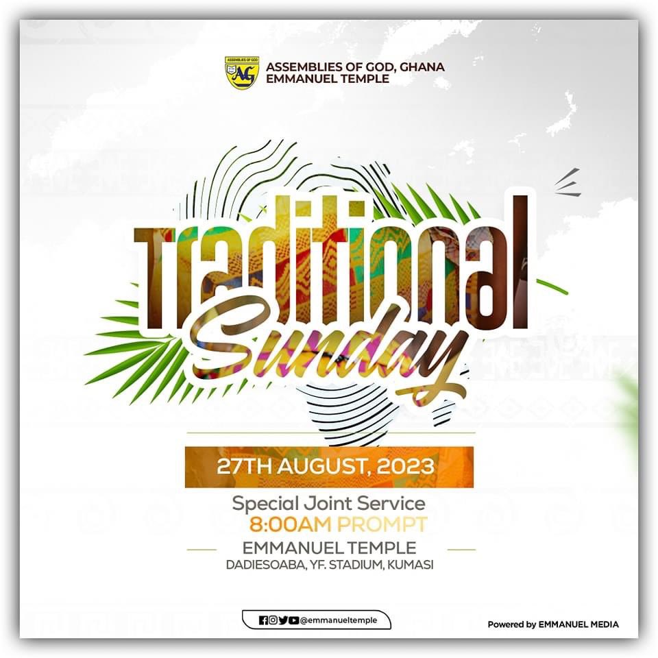 _emtemple's tweet photo. Get ready for the fourth edition of TRADITIONAL SUNDAY

Mark your calendars for this SUNDAY, AUGUST 27TH, 2023, at 8AM sharp, as we gather at Emmanuel Temple. Get ready to immerse yourself in the beauty of diverse traditions and join in the celebration of our rich heritage. https://t.co/CkcdTu28ab