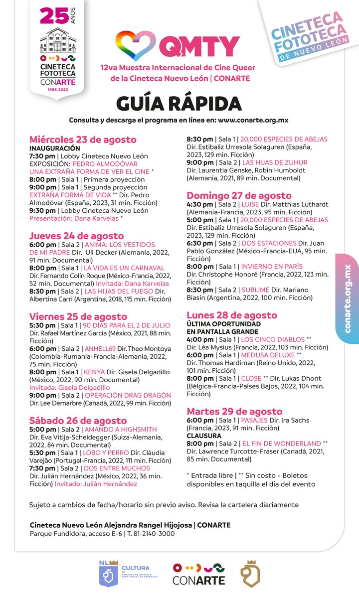 conartenl's tweet photo. Te compartimos la guía rápida de la QMTY Muestra para que no te pierdas ningún filme 🎬#QMTY2023
🏳️‍⚧️Descarga y consulta la cartelera 👉🏼 https://t.co/BQBTjx4TsN
🏳️‍🌈Reserva en #TiendaCONARTE 👉🏼  https://t.co/oqCoaP9z0t https://t.co/aeaN5lCr6m