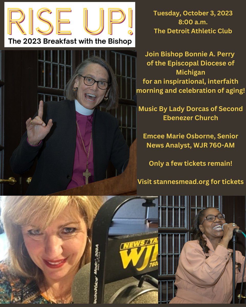 Only a few tickets remain! Join Bishop Bonnie Perry of @EpiscopalMI, Emcee Senior News Analyst Marie Osborne of @wjrradio and Lady Dorcas of Second Ebenezer Church for a morning you won't soon forget! Tickets: weblink.donorperfect.com/BreakfastBisho…