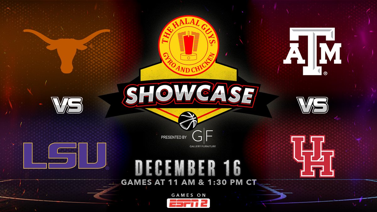 JUST ANNOUNCED: Toyota Center is excited to host 'The Halal Guys Showcase' on December 16! Four of the biggest collegiate brands in southeast Texas will battle it out on the hardwood. Tickets are on sale NOW! More info: bit.ly/3OPPNot