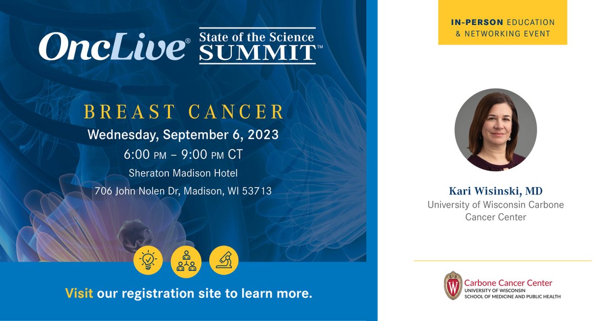 OncLive's tweet image. Registration is open! Join @KariWisinski_MD of @UWCarbone as she chairs an OncLive SOSS Breast Cancer in-person education and networking event on 9/6 at 6:00 PM! #SOSS

Register Today: ow.ly/UbH950Pr5nH