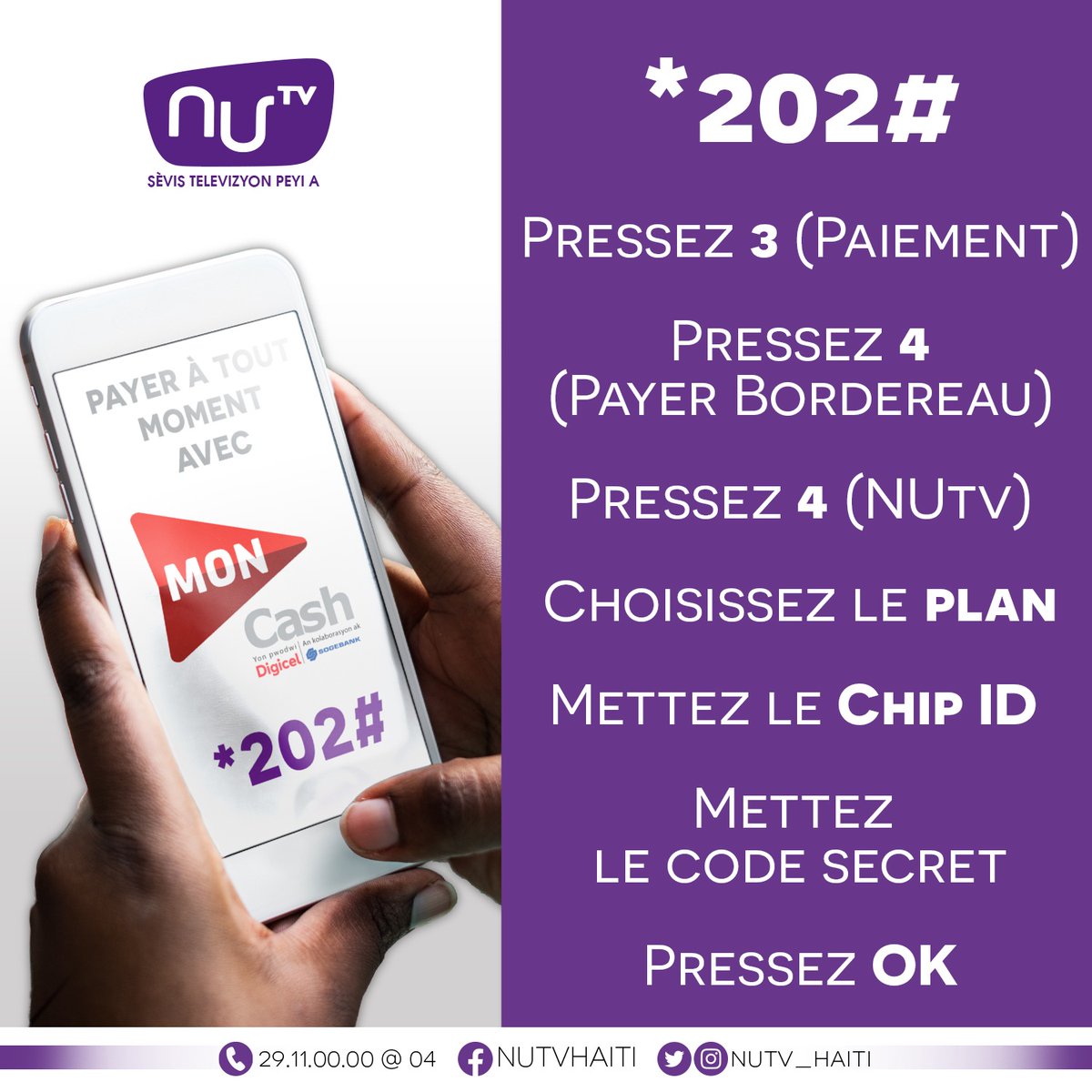 nutv_haiti's tweet photo. Payez votre plan depuis chez vous en composant *202# directement sur votre téléphone 📱.
#Peye #Nutv #Moncash https://t.co/pCPhCYvdIJ