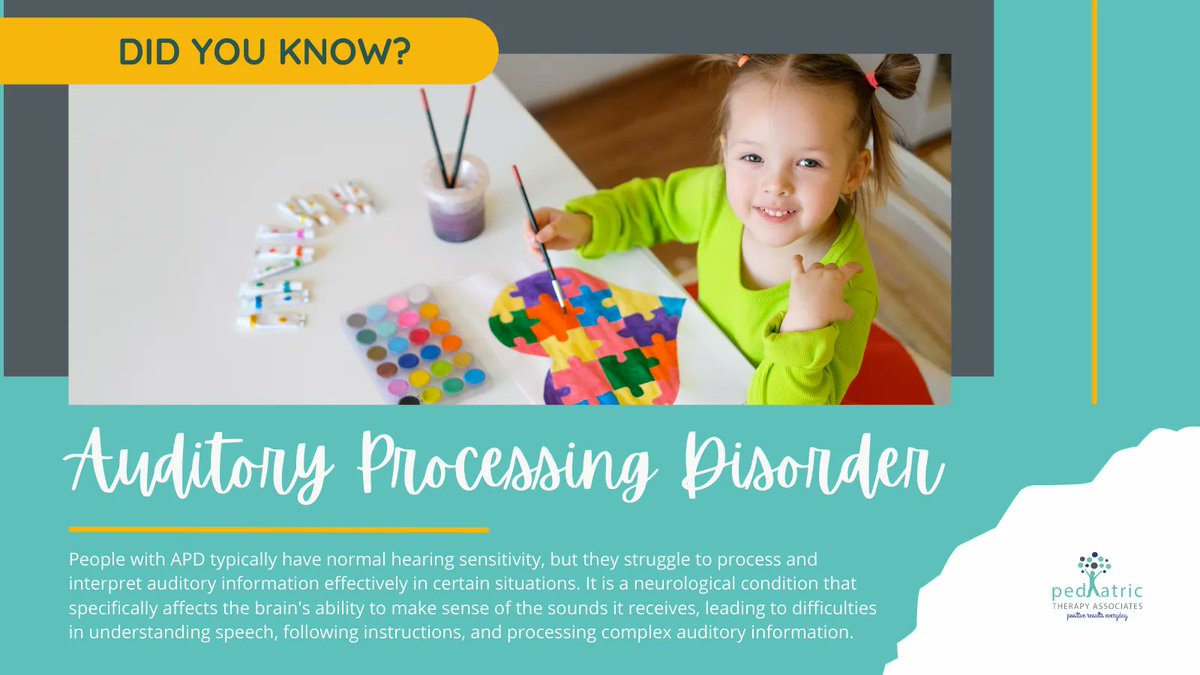 TherapyPediatri's tweet image. Discover Auditory Processing Disorder (APD) – a condition affecting auditory information processing. Challenges with discrimination, sequencing, memory, and more.

Learn how early intervention can help: 🌐therapypediatric.com

#APDawareness #AuditoryProcessing