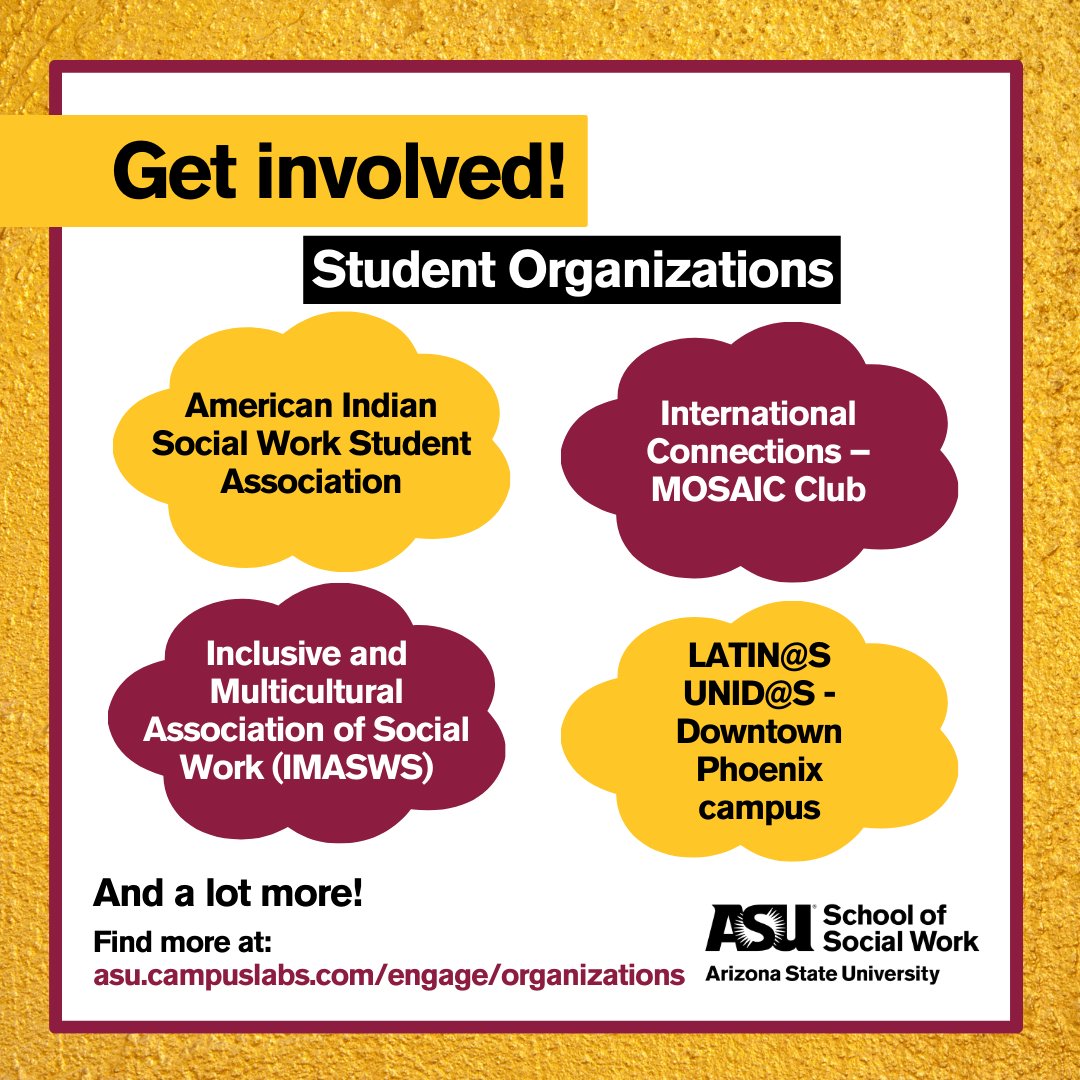 ASUSocialWork's tweet photo. 🌟 Join us in supporting impactful student organizations at ASU's School of Social Work! From AISWSA to SWSO, there's a diverse range to explore. Connect with advisors for updates and leadership details. Let's empower positive change together! 🌍 #ASUSocialWork #StudentOrgs https://t.co/mXY012Gfe5