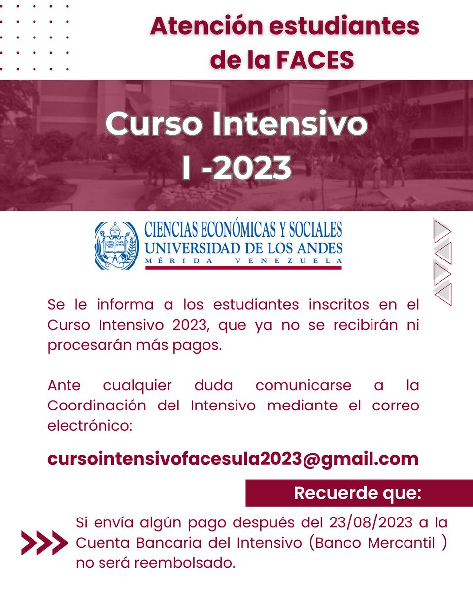 Atención estudiantes de la #FACESULA que están realizando el Curso Intensivo I-2023

Ya no se recibirán no procesarán más pagos
.
.
.
#intensivosULA 
#intensivosFACESULA2023
