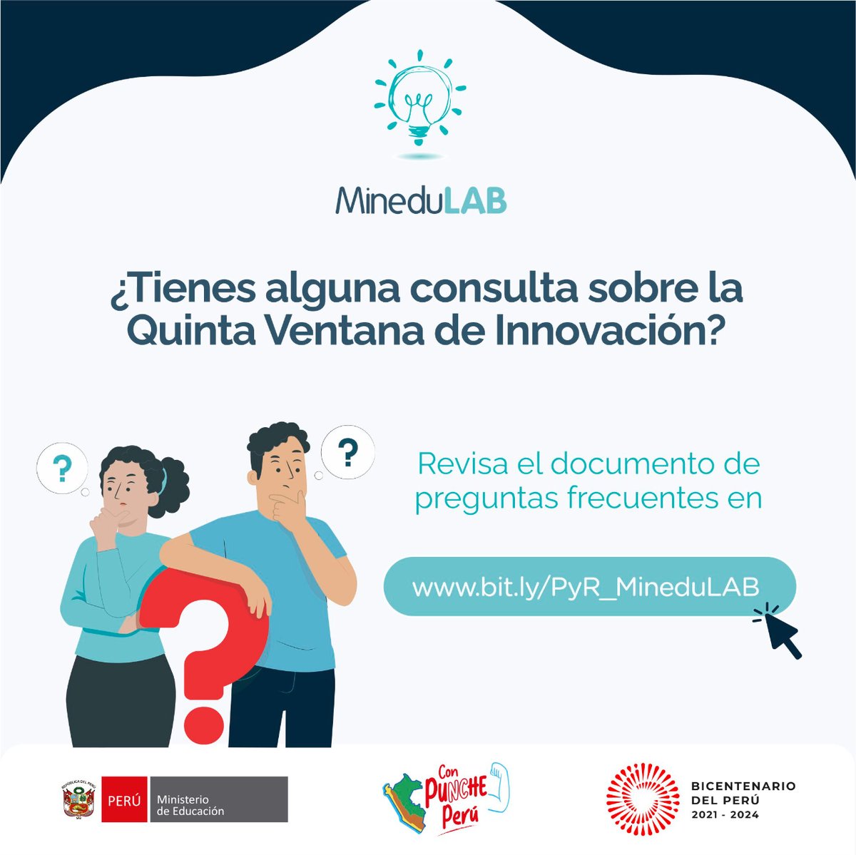 MineduPeru's tweet photo. 🙌 ¡Atención, investigadoras/es! #MineduLAB los invita a revisar el documento de preguntas frecuentes sobre la Quinta Ventana de Innovación. 💡 https://t.co/Pxm09iNr5T