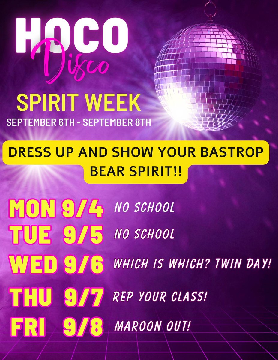 BastropHS's tweet photo. Homecoming is next week! Start planning your outfits now! #Homecoming2023 #BastropHighSchool https://t.co/YaBxKdIC2f