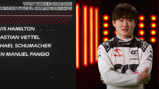 formularacers_'s tweet image. Question: Name two drivers that have won 3 consecutive F1 titles.

Tsunoda: &quot;Lewis, er...

Presenter: &quot;One of the greatest.&quot;

Tsunoda: &quot;Fernando.&quot;