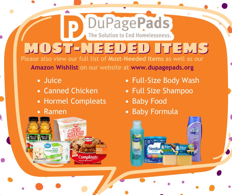 Urgently needed items we are running low on for #WishlistWednesday this week include natural juices, canned chicken, Hormel Compleats, and full-size toiletries. Every donation helps so much on our guests’ journeys to end their experience with homelessness! amazon.com/registry/wishl…