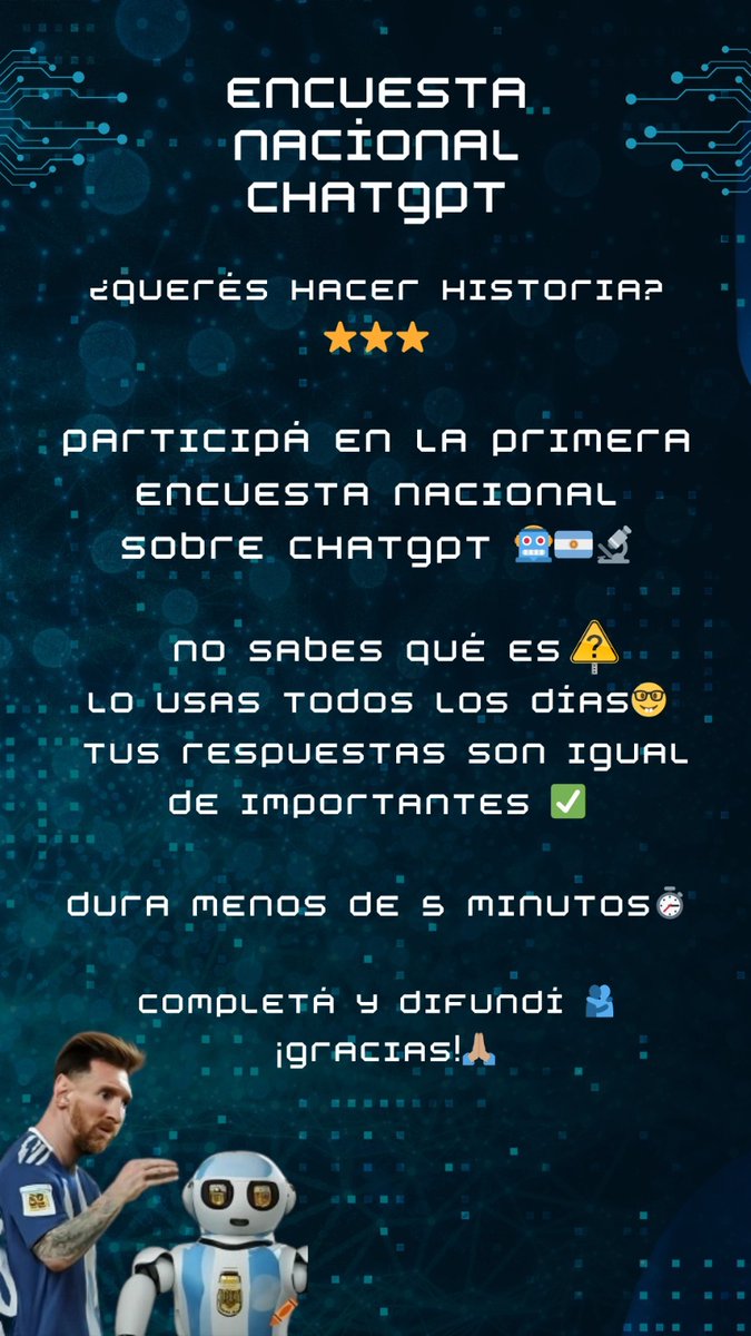 palodurcan's tweet photo. Primera encuesta sobre Chat GPT en Argentina!🤖 Para  residentes en el país de 13 años o más, lo hayan usado o no. Nos ayudás mucho difundiendo🙏🏽. Se llena acá: https://t.co/1SorsDg3dw https://t.co/G638VPYpea