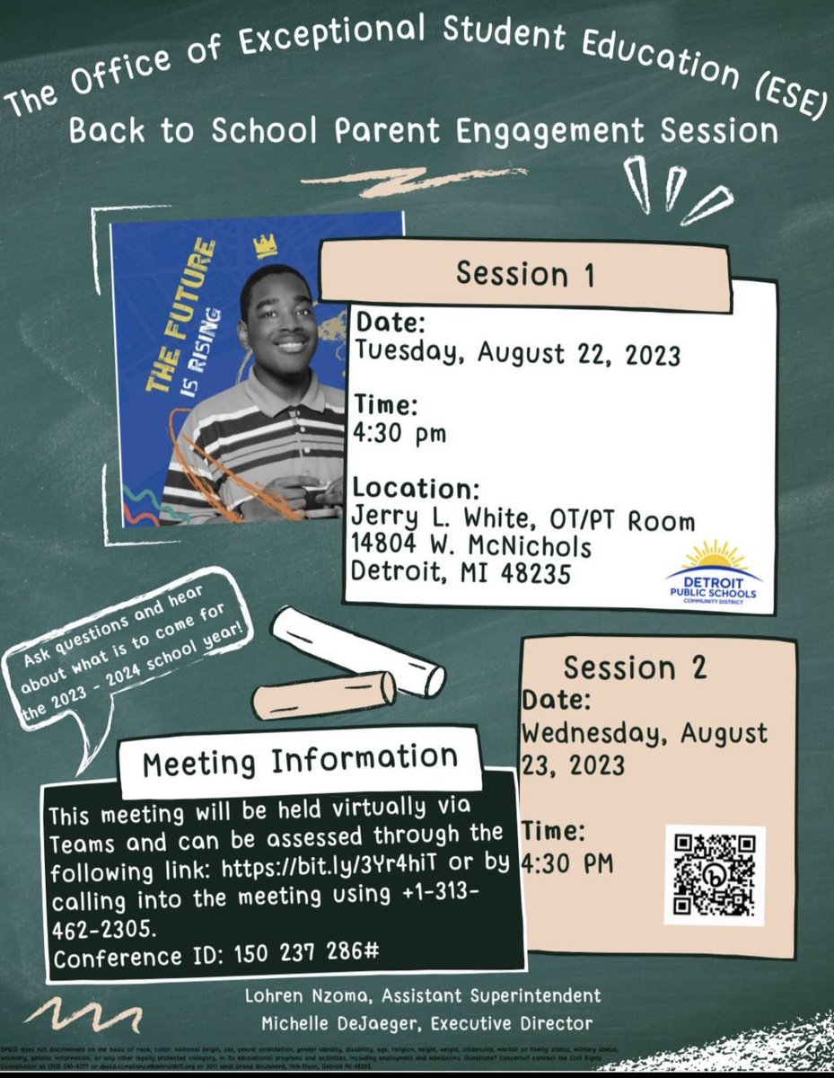 Join the <a href="/Detroitk12/">DPSCommunityDistrict</a> Office of ESE as we welcome parents back for the 23-24 Academic Year!  Hear about the evaluation process, how to review the IEP and how to reach ESE staff! We cannot wait to see you there! #DPSCDProud