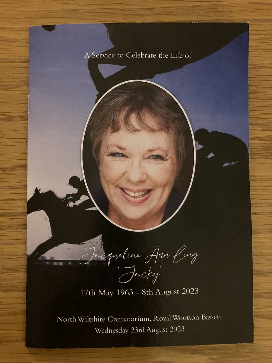 It was a real pleasure to attend the service of Jacqueline Ann Ling today. A passionate horse racing owner with <a href="/MarcoBotti/">Marco Botti Racing</a> and <a href="/KeepKicking_/">Keep Kicking Racing</a> 
A wonderful send off from husband Darren <a href="/ductcleandarren/">Darren Ling</a> and the family, with many horse and dog memories. 🙏