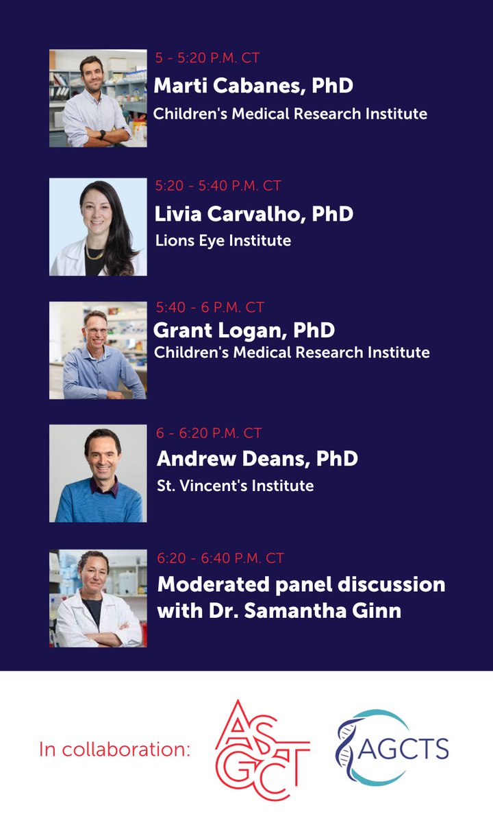 ASGCTherapy's tweet image. We're ONE WEEK AWAY from Around the World: #GeneTherapy for the Liver, Eye &amp;amp; Hematopoietic System in Australia! 

Register for FREE to hear about research + CGT advances in Australia from these excellent speakers. #celltherapy #globaloutreach lnkd.in/g75XvaQu