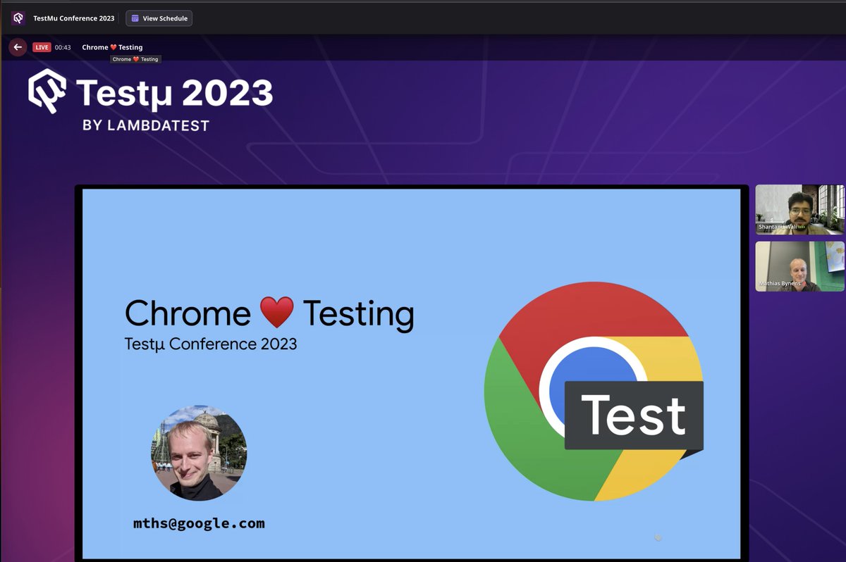 The long-awaited #ChromeForTesting session with Google Developer @mathias at Testμ Online Conference 2023‼️

#TestMuConf #QA #Conference @lambdatesting