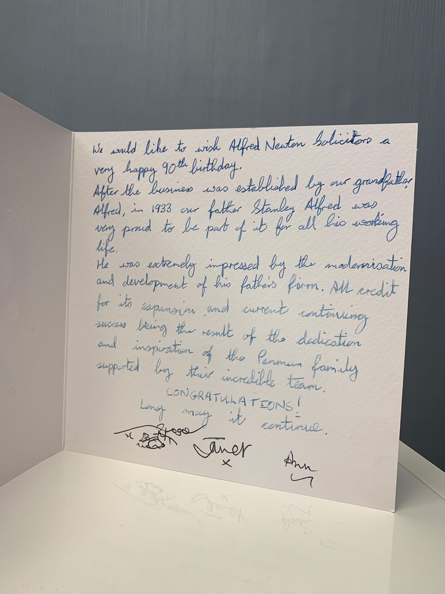 ANSolicitors's tweet photo. We have received this beautiful card from the grandchildren of Alfred Newton, celebrating our 90th year in business. To still have their support means such a lot to us #stockportsoldestlawfirm #90yearsyoung #solicitors #stockport #bredbury #wilmslow #romiley #stalybridge https://t.co/ELS964LxQb