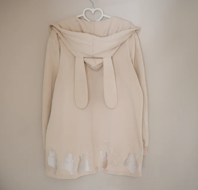 Dolce Cardigan large, loose fit 100% cotton + embroidery similar construction to the YOTR cardigan! But straight hem instead of high-low front and back long bunny ears on the hood richer coffee froth cream color than the YOTR cardigan100% cotton 