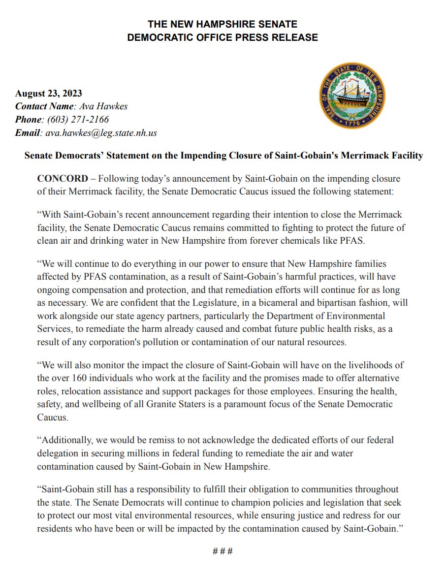 Senate Democrats’ Statement on the Impending Closure of Saint-Gobain's Merrimack Facility #NHPolitics