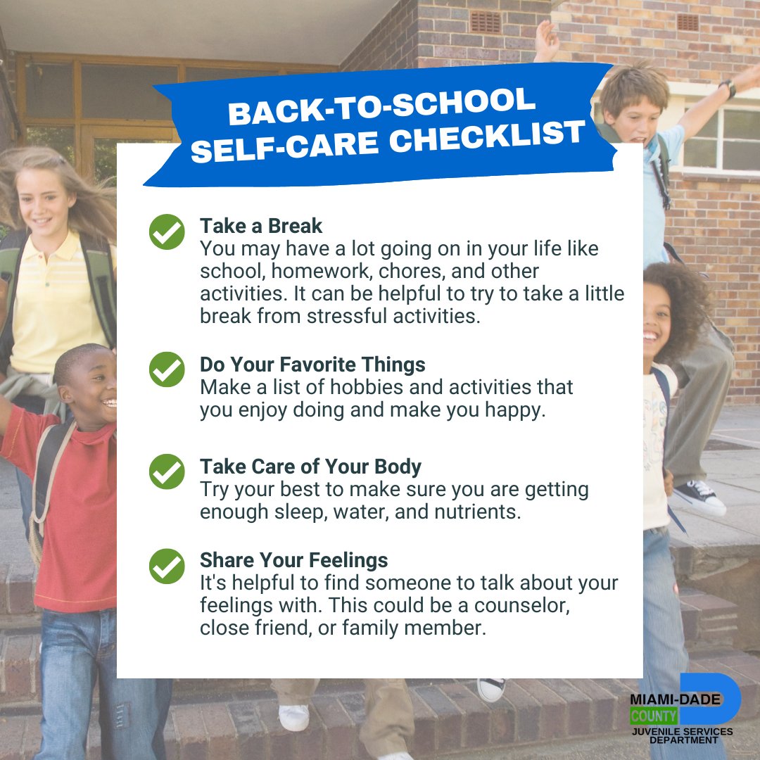 Starting the new school year can be stressful for both students and parents. Take a look at our back-to-school self-care tips to incorporate during this new school year. For more information on helpful resources or assistance, please contact JSD at (305) 755-6200.