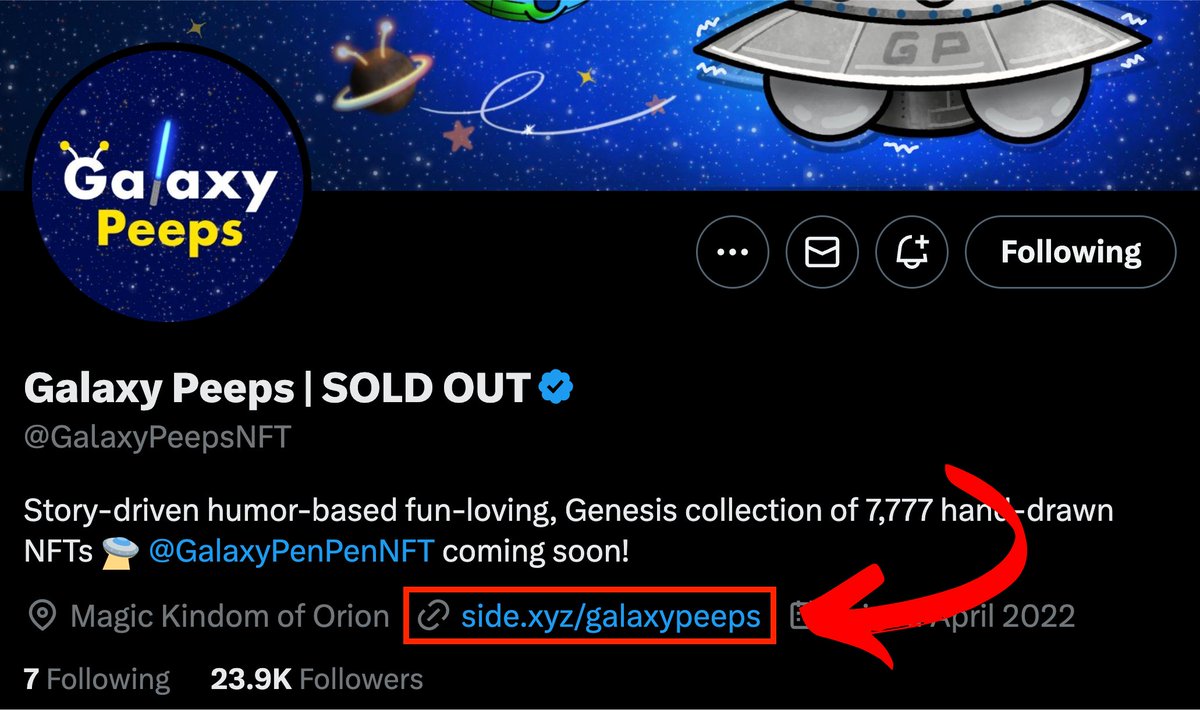 Galaxy Peeps 🤝 Side.xyz

İki projemiz arasında bu yeni işbirliğini duyurmaktan heyecan duyuyoruz.

<a href="/GalaxyPeepsNFT/">Galaxy Peeps | SOLD OUT</a> artık biyografisindeki bağlantı için <a href="/sidexyz/">Side.xyz</a> sayfasını kullanıyor.
👉 side.xyz/galaxypeeps