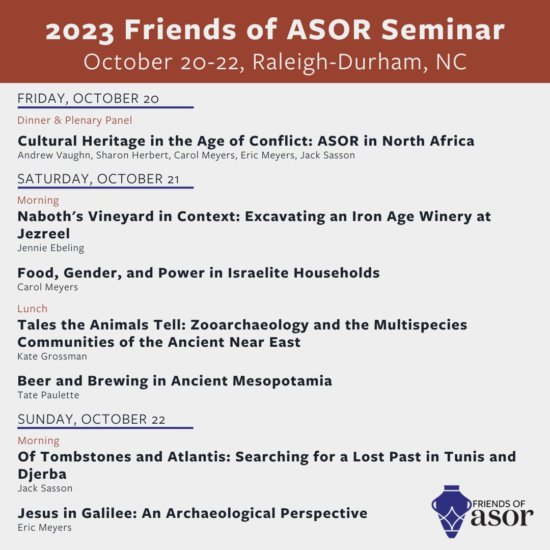 The presentation schedule is now out for “Archaeology in the Mediterranean and Ancient Near East: Recent Discoveries and Retrospectives” a Friends of ASOR Weekend Seminar in Raleigh-Durham, NC. 

Register and book your discounted room rate today! buff.ly/3KicPmg