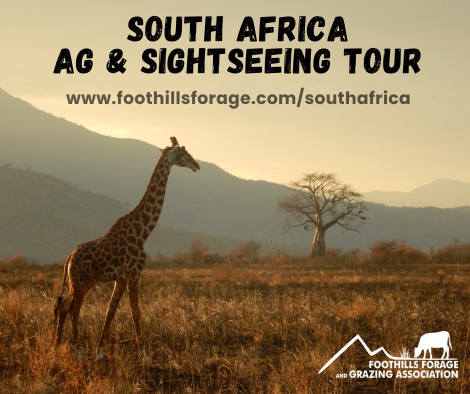 FFGA Ag & Sightseeing Tour to South Africa booking forms are due SOON! Don't miss your chance for a trip of a lifetime! To see more details and to register, visit: foothillsforage.com/southafrica