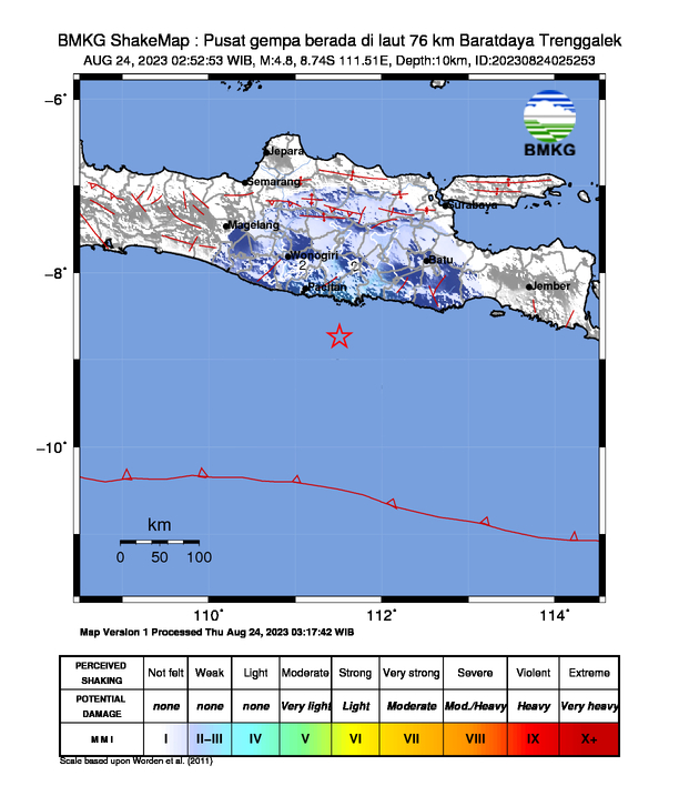 #Gempa (UPDATE) Mag:4.8, 24-Agu-23 02:52:53 WIB, Lok:8.74 LS, 111.51 BT (Pusat gempa berada di laut 76 km Baratdaya Trenggalek), Kedlmn:10 Km Dirasakan (MMI) II Trenggalek, II Blitar, II Nganjuk, II Karangkates #BMKG