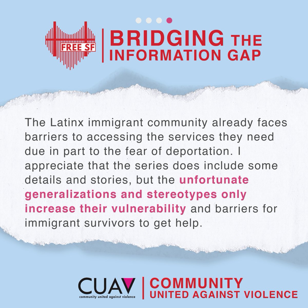 The <a href="/sfchronicle/">San Francisco Chronicle</a> series gives a platform to anti-immigrant groups that further criminalizes our Latinx immigrant community, making it even harder for immigrant survivors to get the help they need to escape abusive situations. #ICEoutofSF