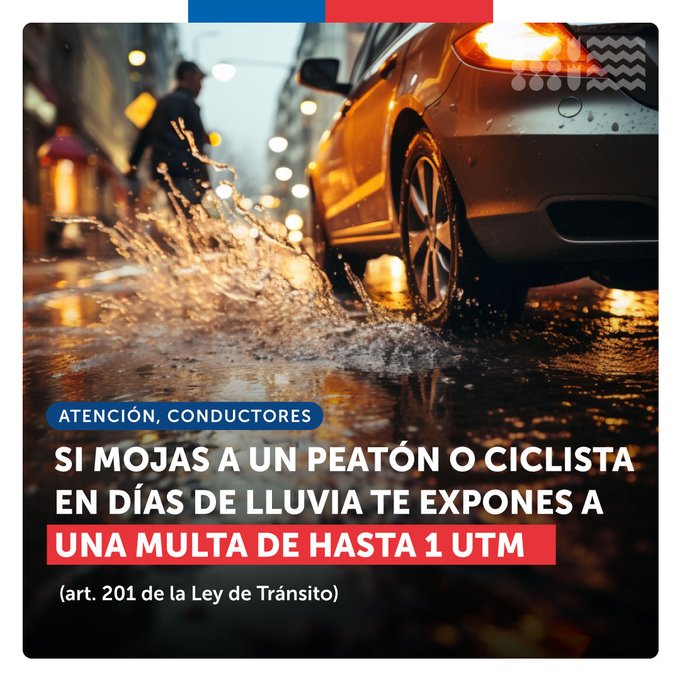MTTMaule's tweet photo. 👉¿Sabías que los conductores que mojan a peatones o ciclistas en días de lluvia no solo están cometiendo una mala práctica, sino que también podrían ser multados?  
Respetémonos entre todos para una mejor convivencia vial😀😃😃 https://t.co/MFuI6e6Y7E