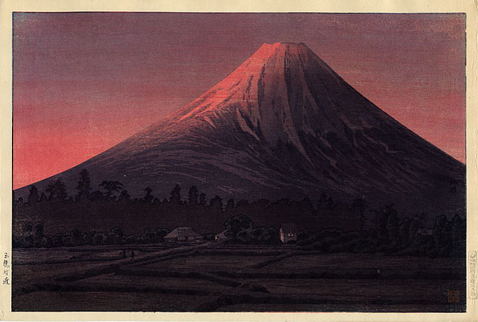 Fuji near Tamaho (pink variant), by Takahashi Shōtei, 1936 #woodblockprint #shinhanga