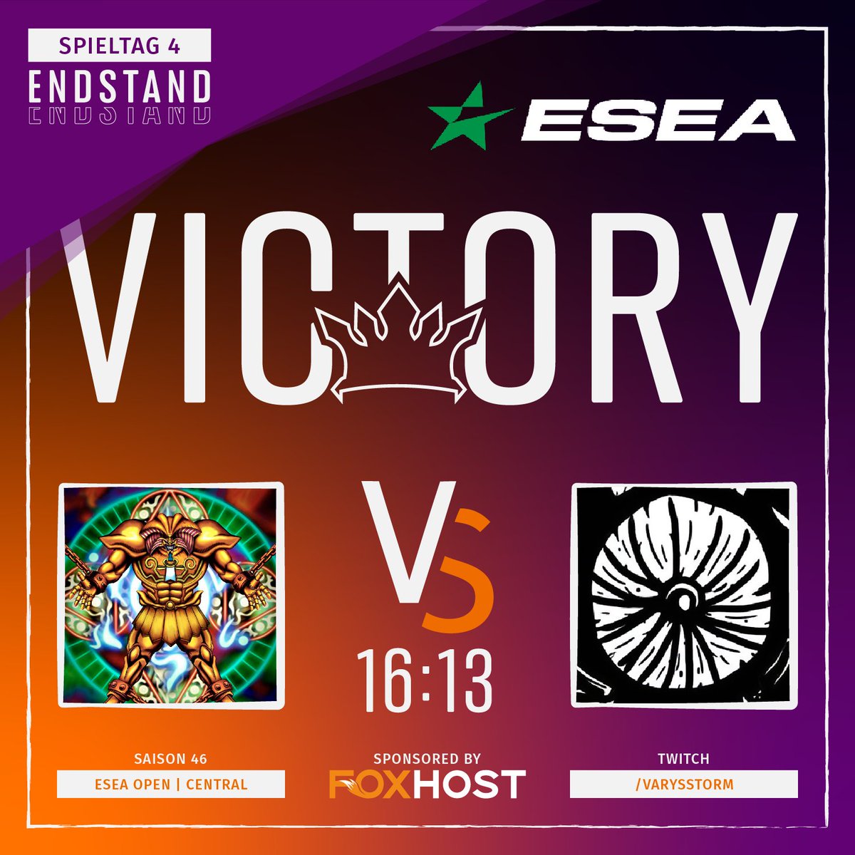 #Victory! With 16 to 13 our content creator team #ExodiaPeek wins against team #Erebus on the fourth matchday of the <a href="/ESEA/">ESEA League</a> Open!

Overall, a strong performance from our guys to build on! Thanks <a href="/StormVarys/">Varys</a> for the cast! #getcrowned