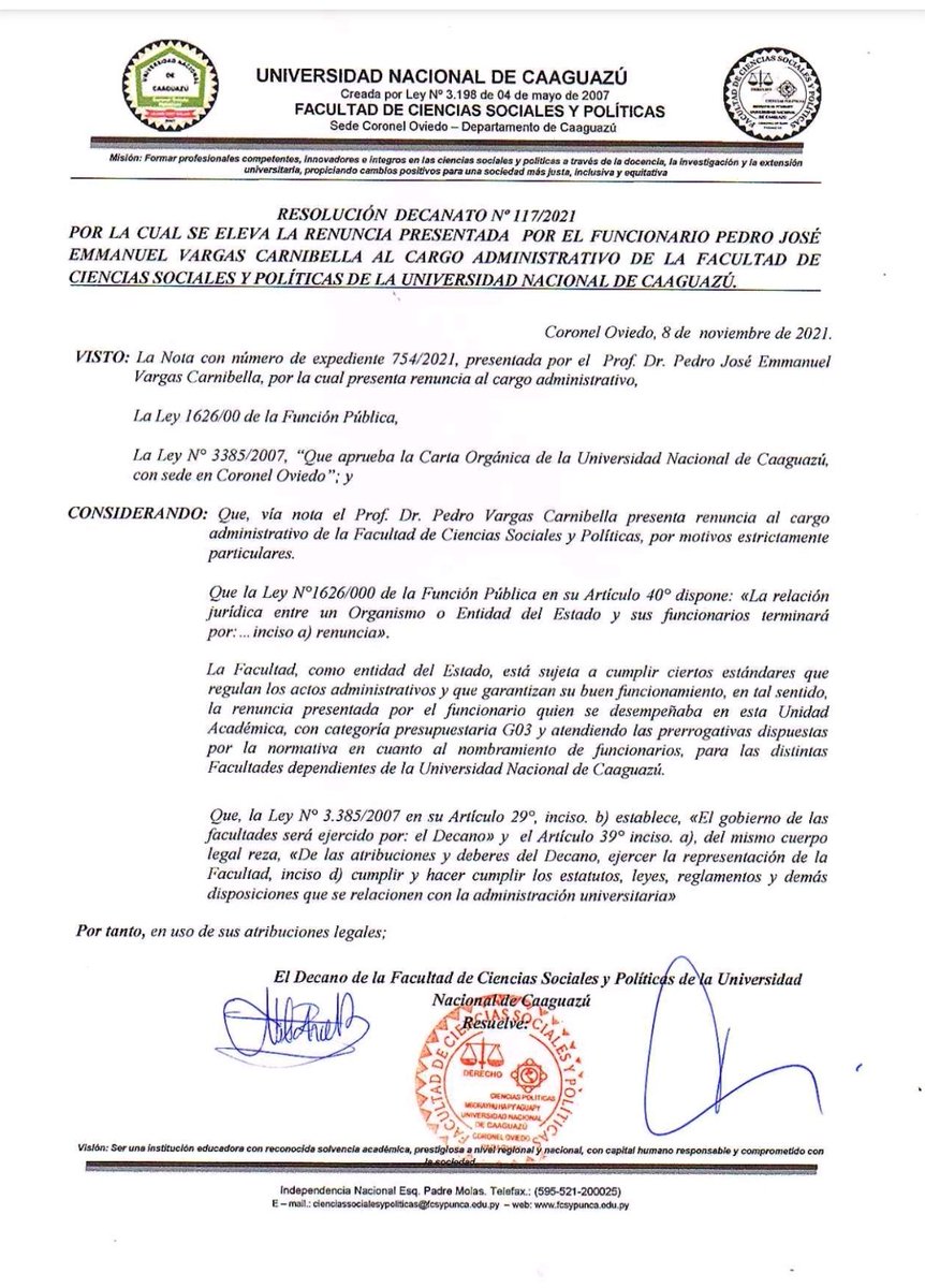 PeyVargas's tweet photo. Para los que estén interesados, presenté renuncia a mi rubro administrativo en la FCSPyH el 08/11/2021 y desde ese momento dejé de percibir esa remuneración.. Gracias.. https://t.co/XWss8ENuS8