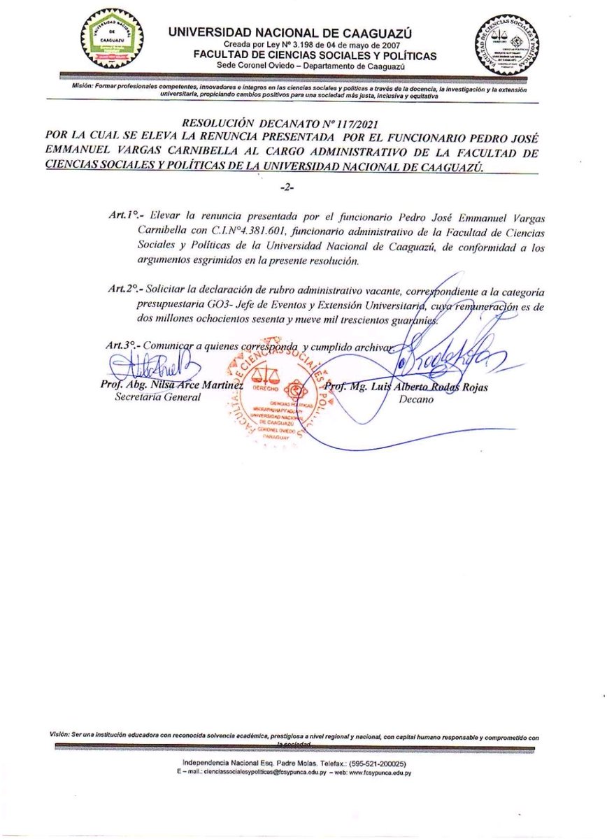 PeyVargas's tweet photo. Para los que estén interesados, presenté renuncia a mi rubro administrativo en la FCSPyH el 08/11/2021 y desde ese momento dejé de percibir esa remuneración.. Gracias.. https://t.co/XWss8ENuS8