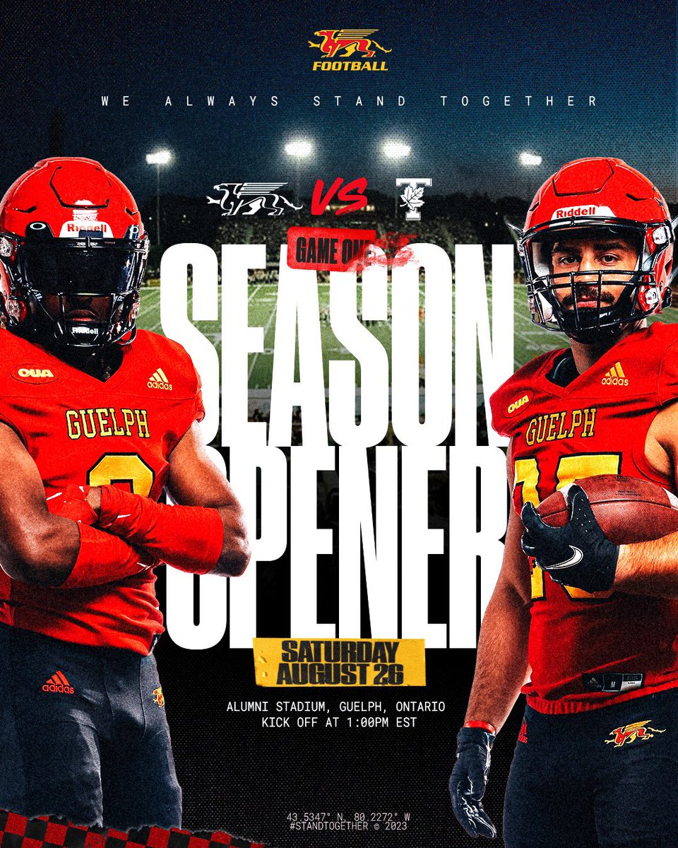 We’re kicking off the 2023 season on home turf! 🏈

Join us at Alumni Stadium on August 26th for our first game of the season against U of T!

⏰: 1 PM Kick-off
📍: Alumni Stadium
🎟️: gryphons.ca/tickets
📺: oua.tv

#StandTogether