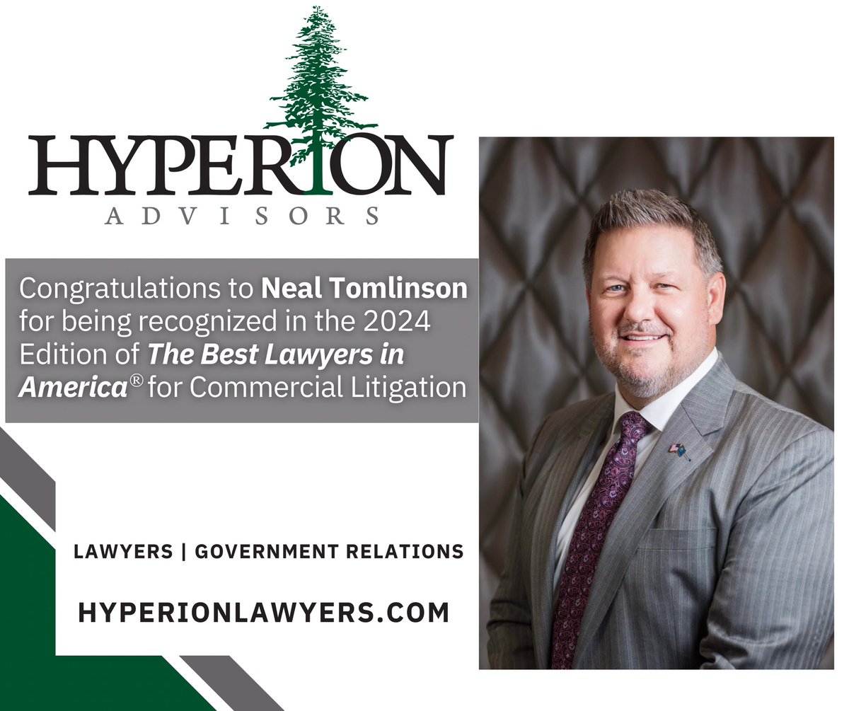 HyperionNV's tweet photo. Hyperion Advisors is pleased to congratulate Neal Tomlinson, our Founding Partner, on being selected by his legal peers for inclusion in the 2024 Edition of The Best Lawyers in America® for Commercial Litigation.

Hyperion Advisors is Veteran-Owned and Operated. https://t.co/qsrUaYdKuc